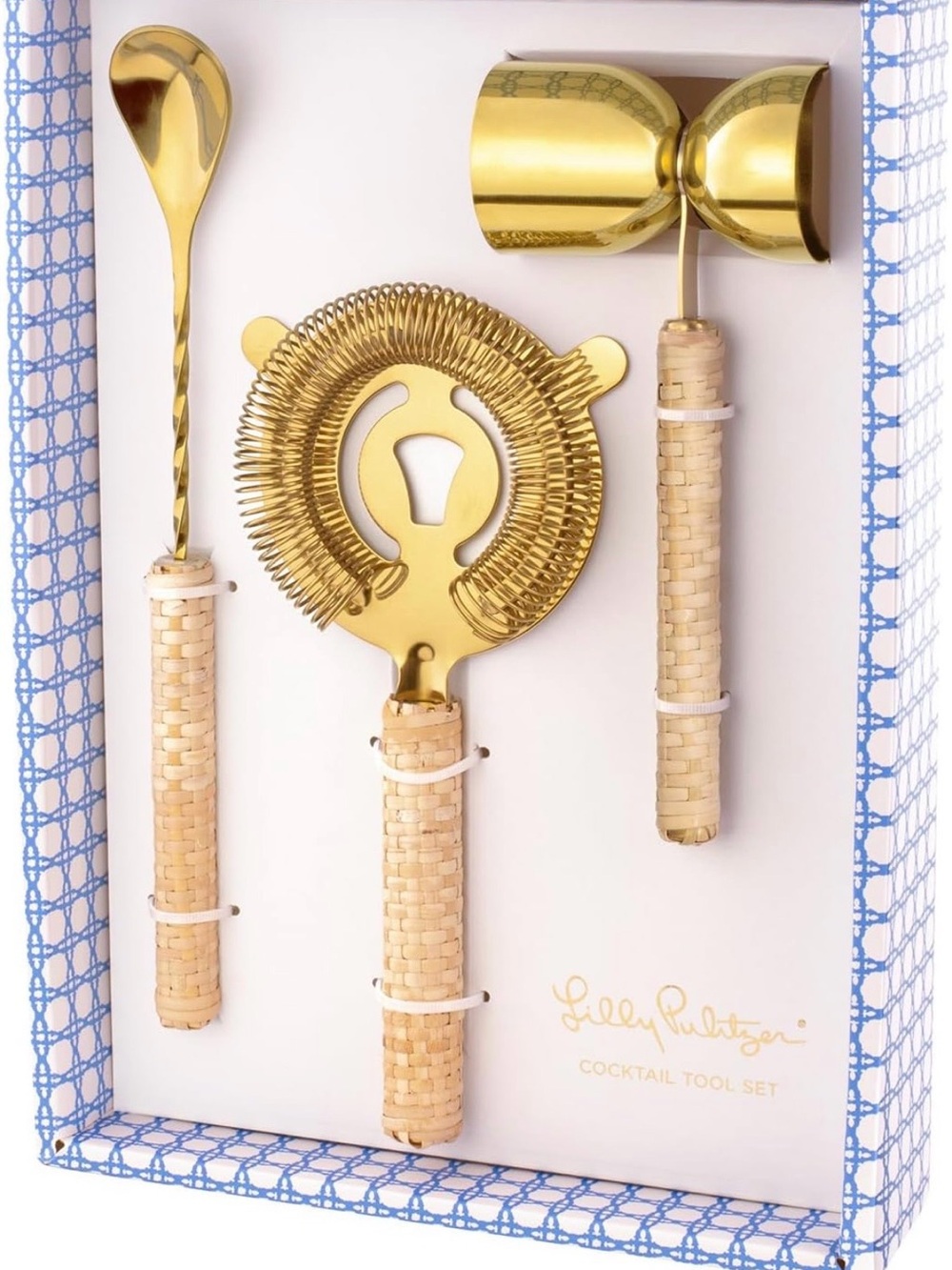 Lilly Pulitzer Gold and Natural Woven Handle Cocktail Set